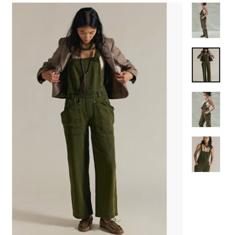 Free People We The Free Just In Time Overalls Jumpsuit Olive Cotton L 289461
